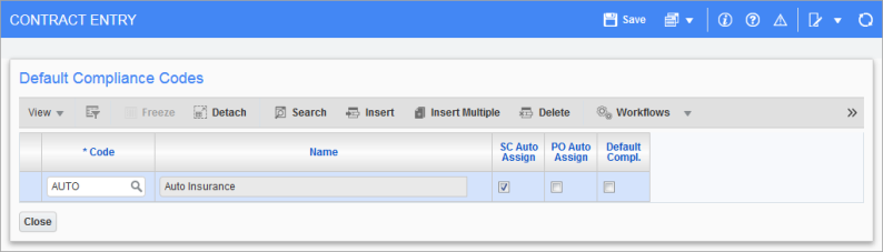 Sample of the Default Compliance Codes pop-up window