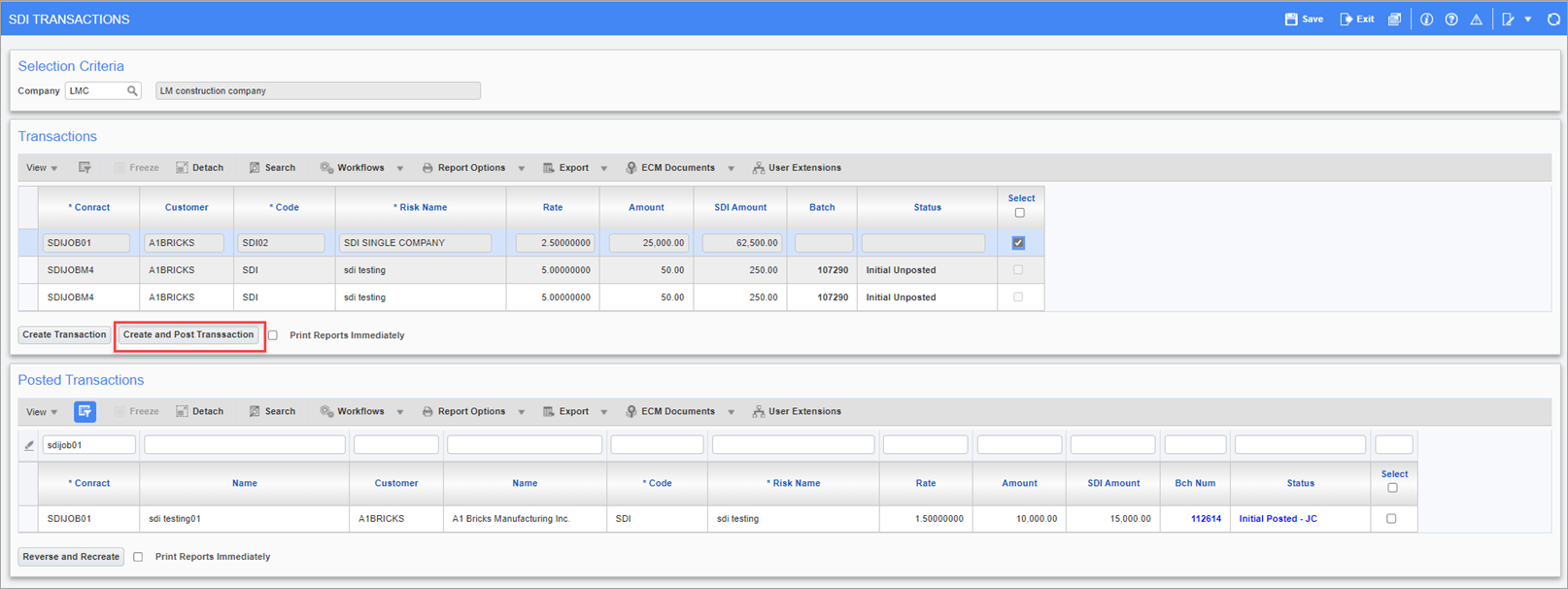 Sample of the Create and Post Transaction button on the SDI Transactions screen