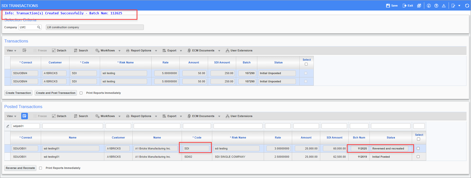 Sample of a reversed and recreated transaction on the SDI Transactions screen