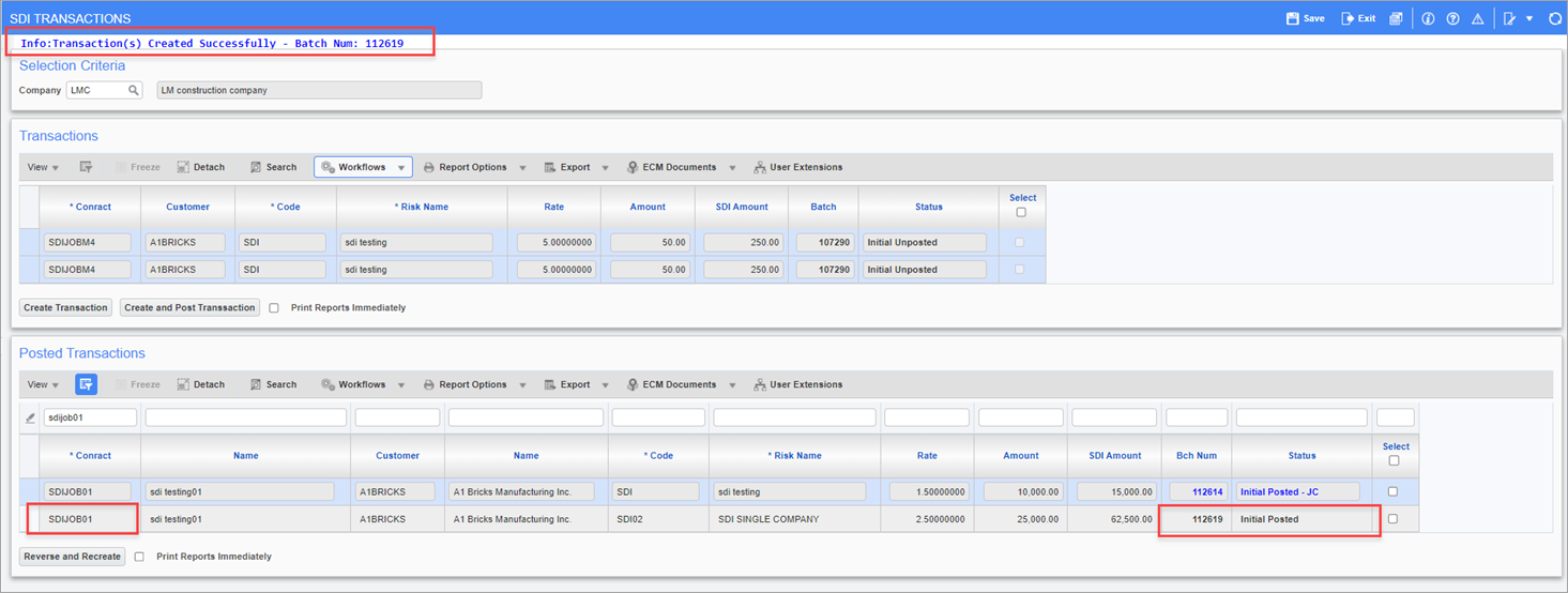 Sample of the posted transaction on the SDI Transactions screen