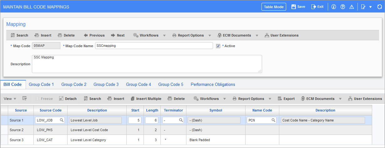 Sample of the Maintain Bill Code Mappings screen