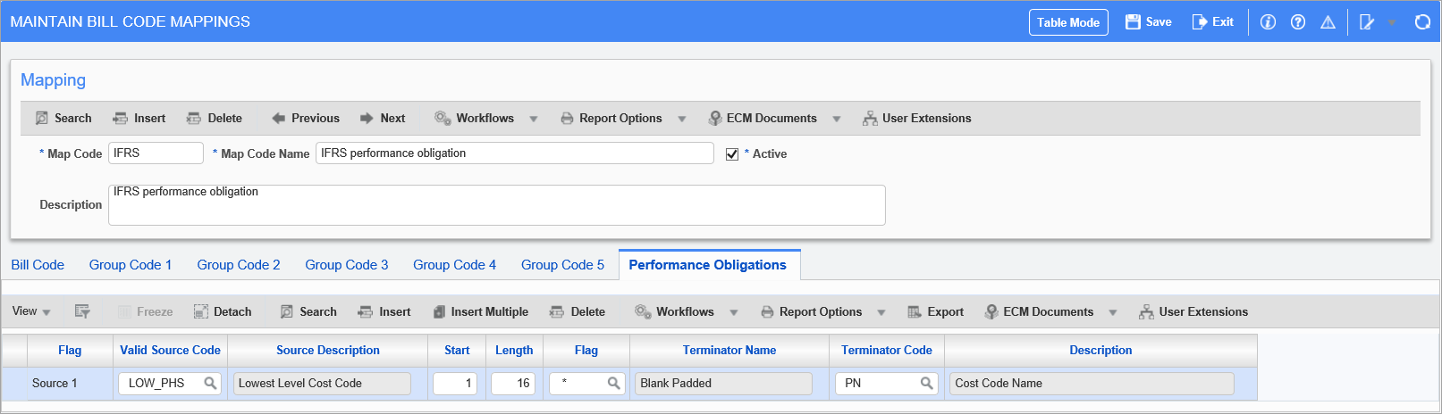 Sample of the Performance Obligations tab