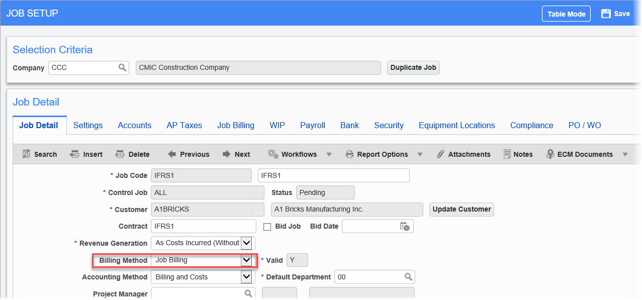The Billing Method field on the Job Detail tab of the Job Setup screen