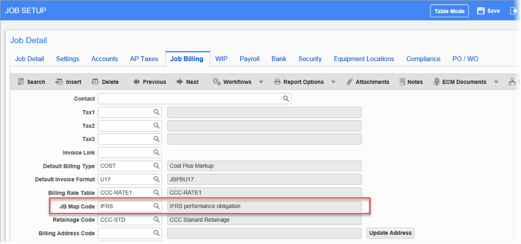 The JB Map Code field on the Job Billing tab of the Job Setup screen