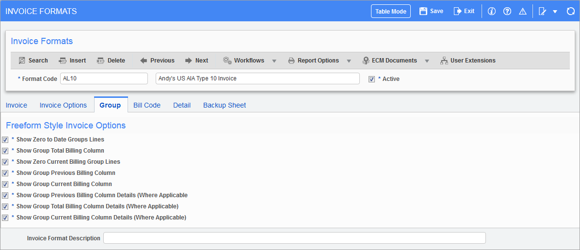 Screenshot of the Group tab on the Invoice Formats screen