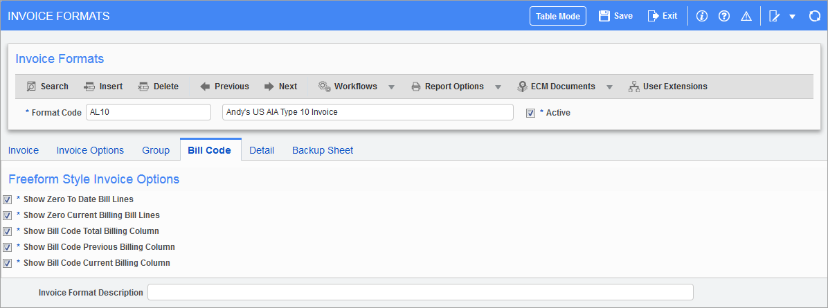 Screenshot of the Bill Code tab on the Invoice Formats screen