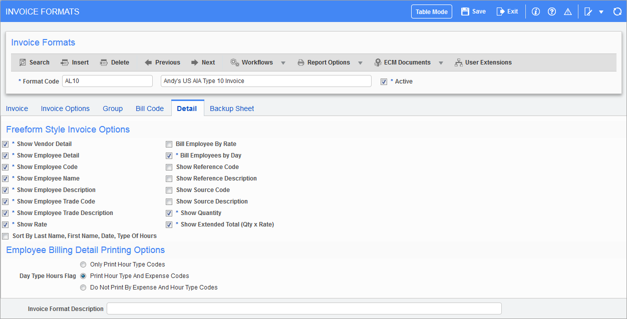 Screenshot of the Detail tab on the Invoice Formats screen