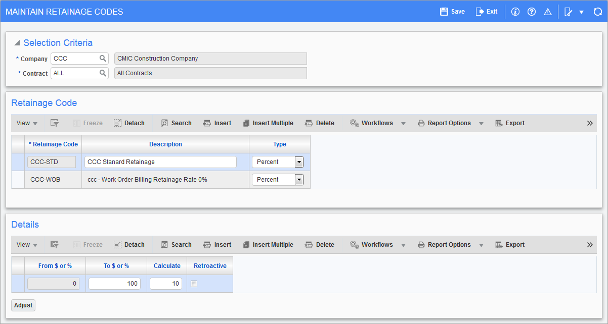 Sample of the Maintain Retainage Codes screen