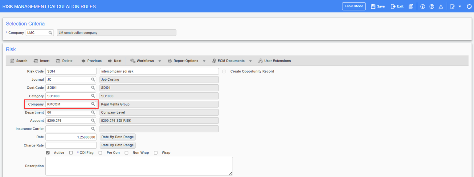 Sample of an inter-company setup in the Risk Management Calculation Rules screen