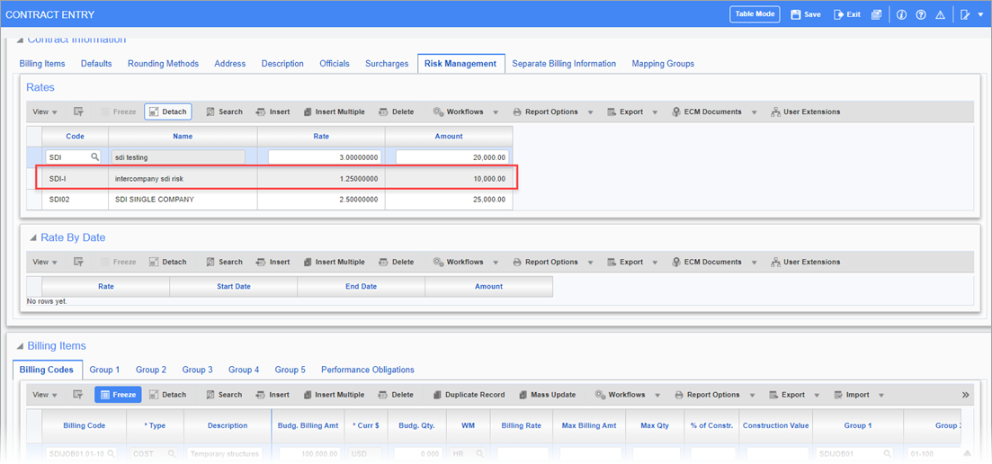 Sample of adding a risk code to the contract in the Contract Entry screen
