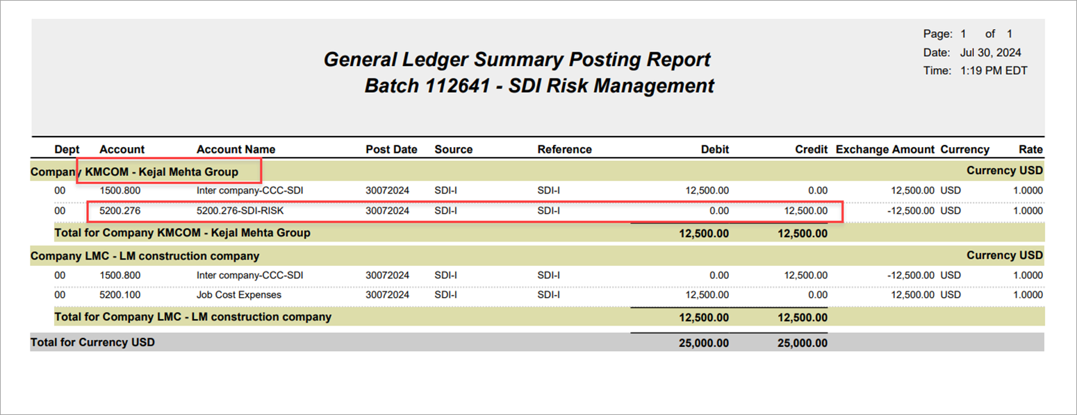 Sample of the GL Summary Posting Report for the inter-company setup transaction