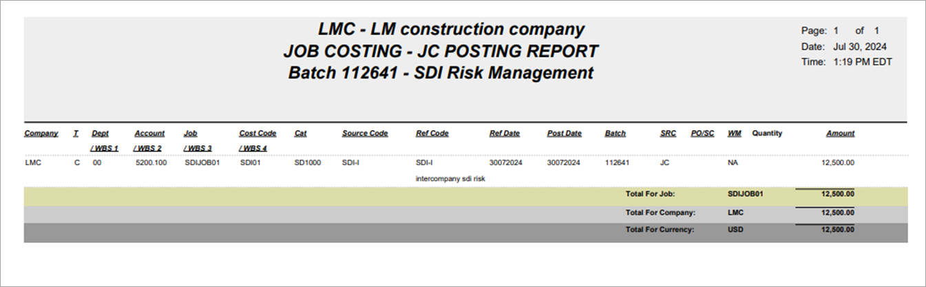 Sample of the GL Summary Posting Report for the inter-company setup transaction