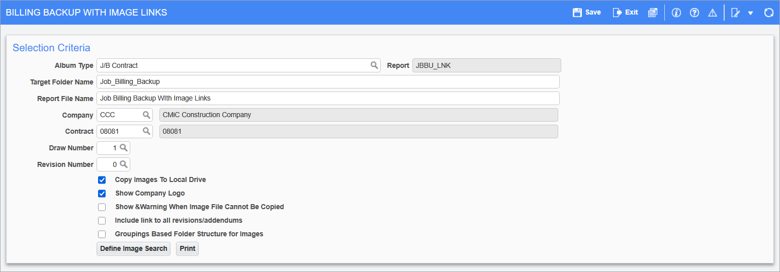 Screenshot of the Billing Backup with Image Links screen