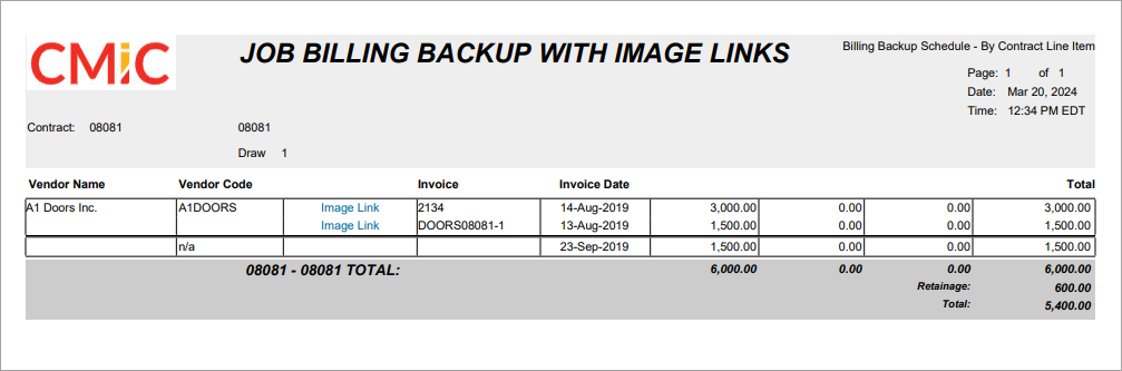 Sample of the Job Billing Backup With Image Links report