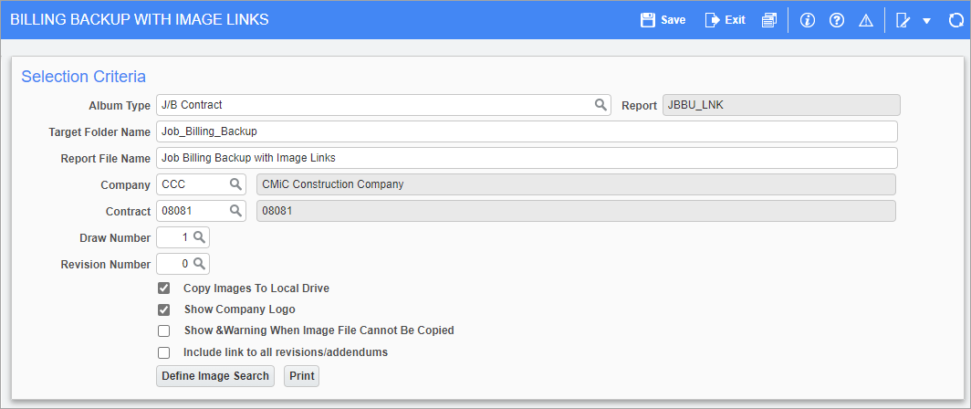 Screenshot of the Billing Backup with Image Links screen