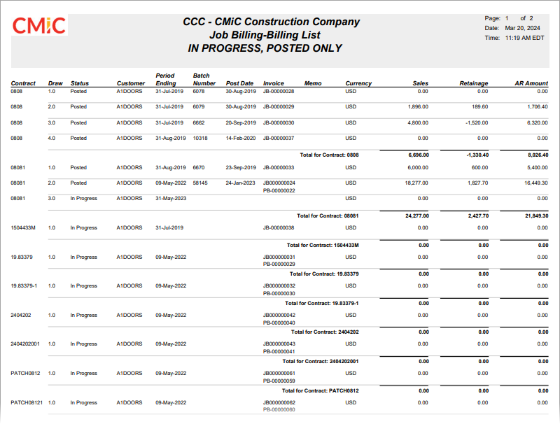 Sample Job Billing-Billing List report