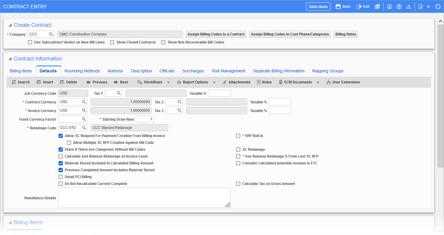 Sample of the Defaults tab on the Contract Entry screen