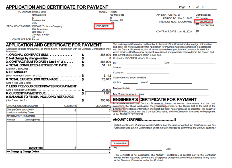 Sample of Certificate for Payment with term Engineer substituted