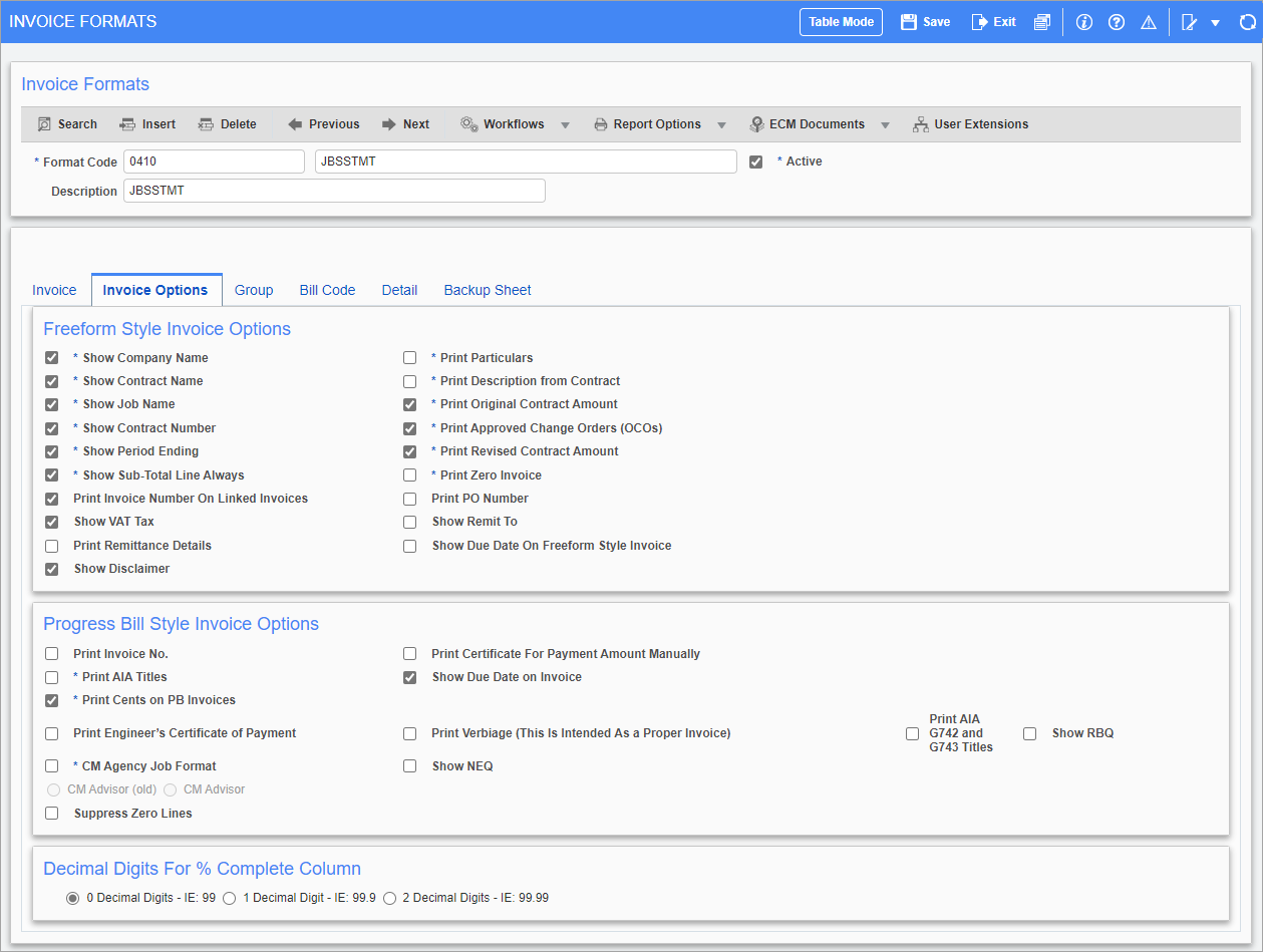 Screenshot of Invoice Options tab