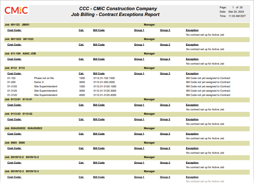 Job Billing - Job Billing Exceptions Listing