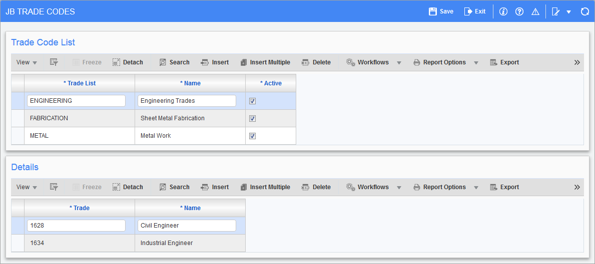 Sample of the JB Trade Codes screen