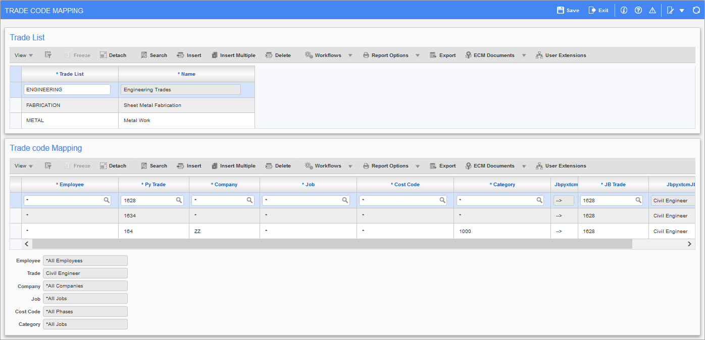 Sample of the Trade Code Mapping screen