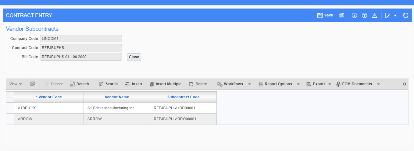 Sample of the Vendor Subcontracts pop-up window