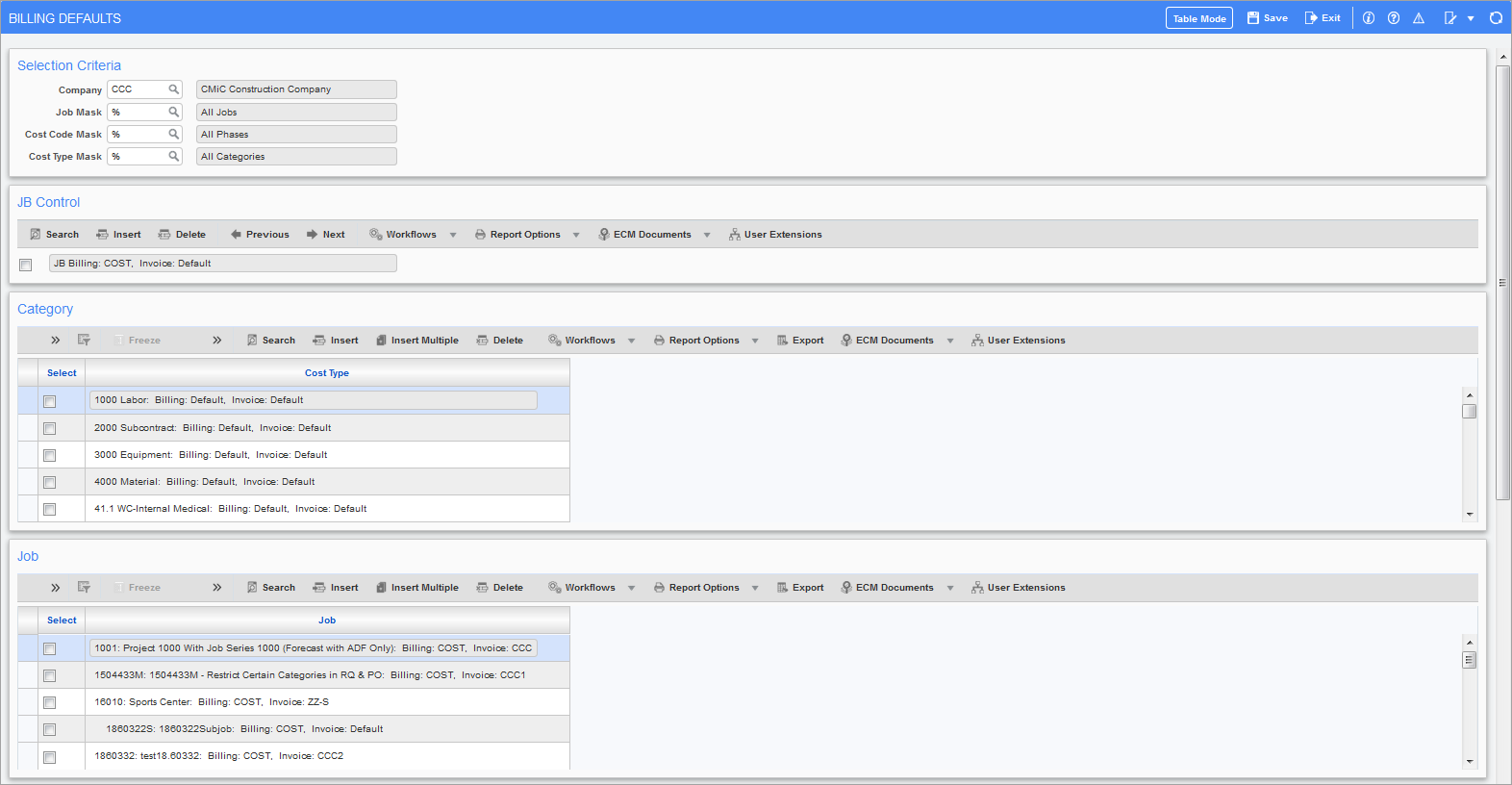 Sample of the Billing Default screen