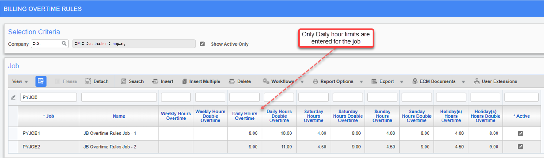 Sample of the Billing Overtime Rules screen