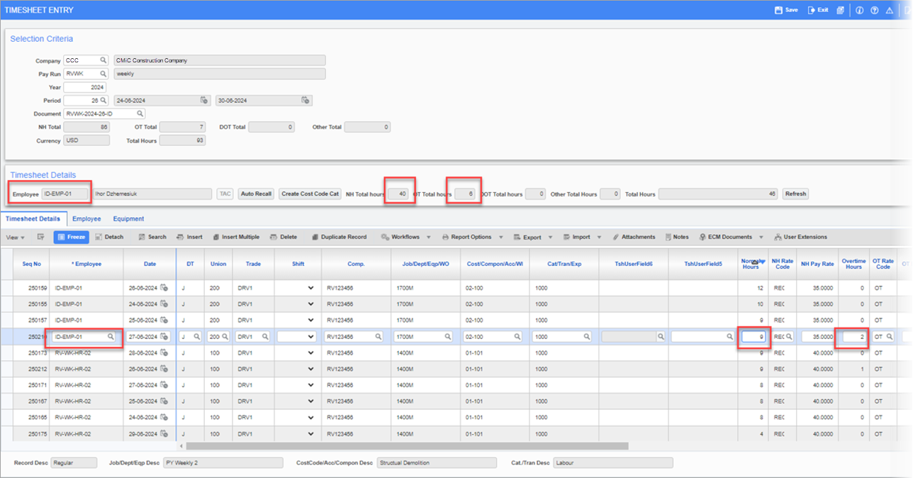Sample of the weekly Payroll timesheet posted for two employees