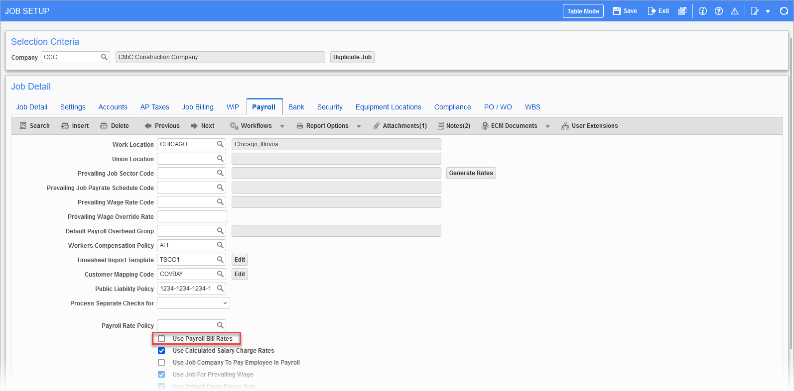 Sample of the Use Payroll Bill Rates checkbox in Job Setup