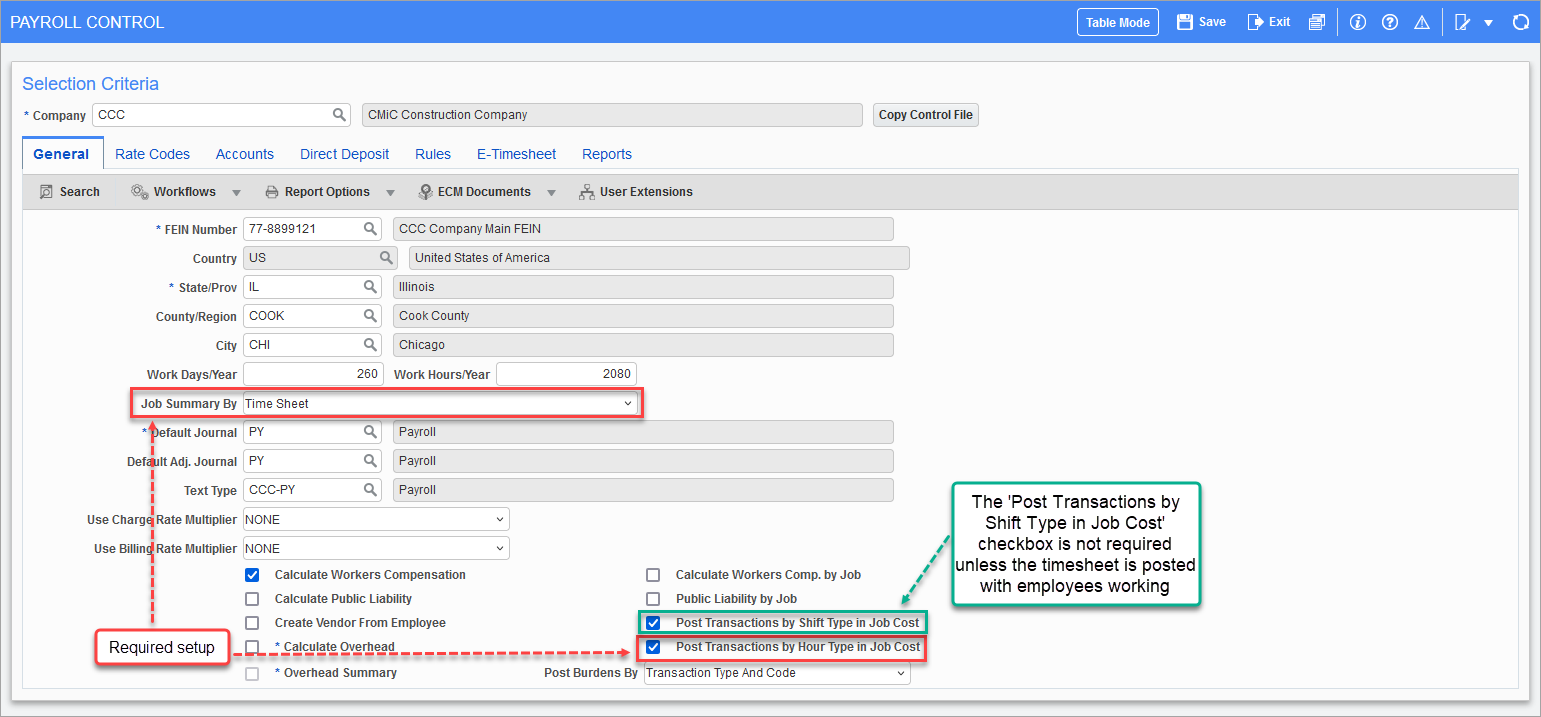 Example of the Payroll Control File setup for JB Overtime Rules