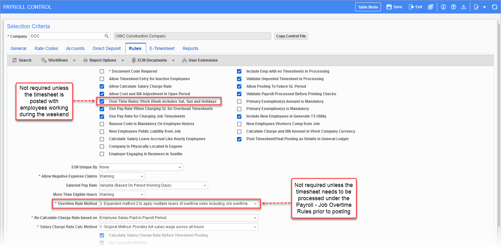 Setup of the Rules tab on the Payroll Control screen