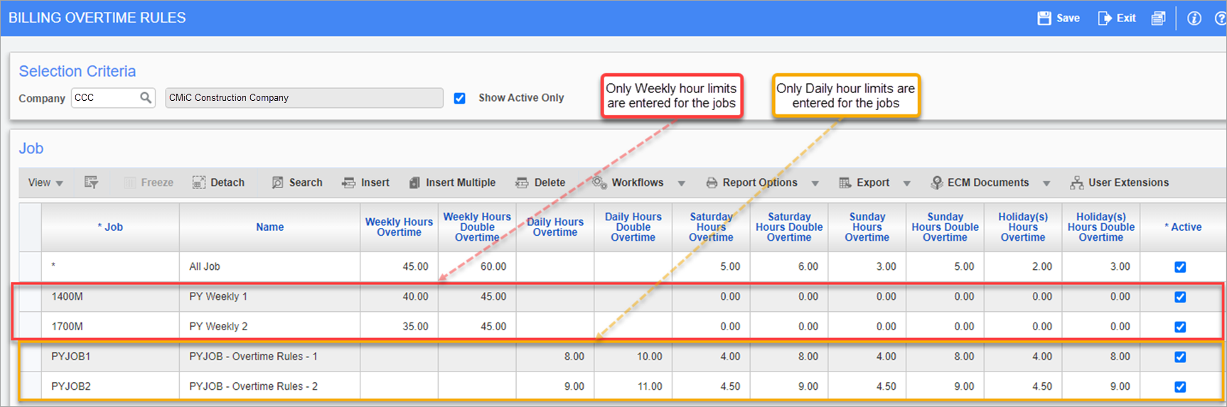 Sample of the Billing Overtime Rules Setup