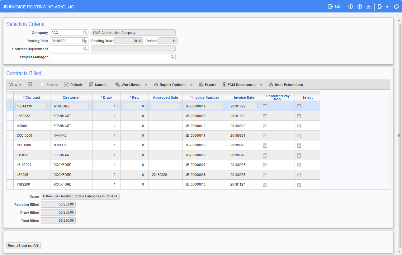 Sample of the JB Invoice Posting No AR/GL/JC screen