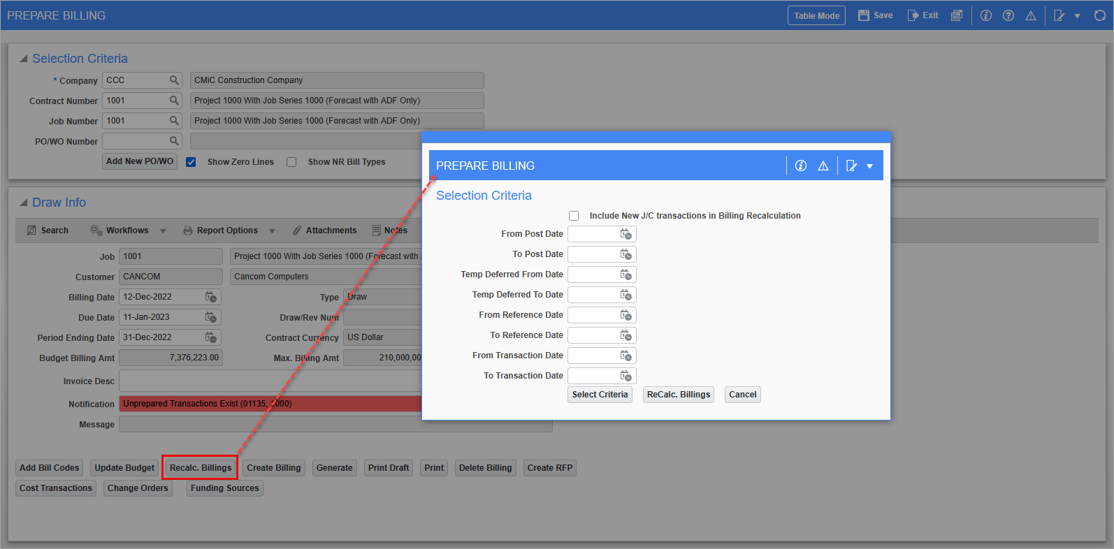 Screenshot of the [Recalc Billings] button pop-up
