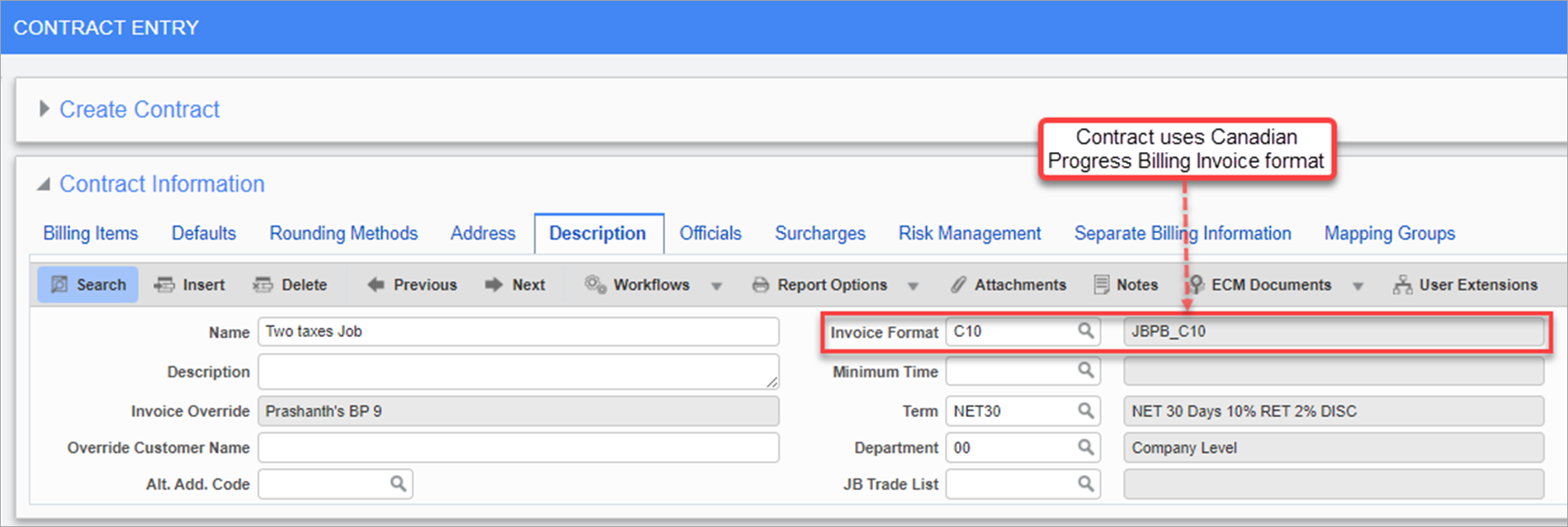Sample of a JB Contract using the Canadian Progress Billing Invoice Format
