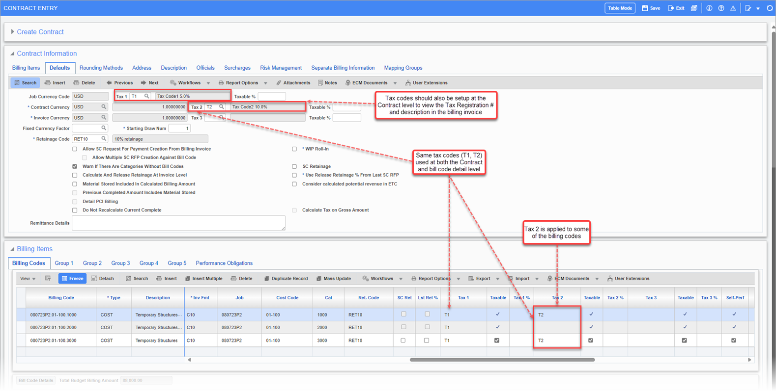 Example of the JB Contract using Tax 1 and Tax 2 codes