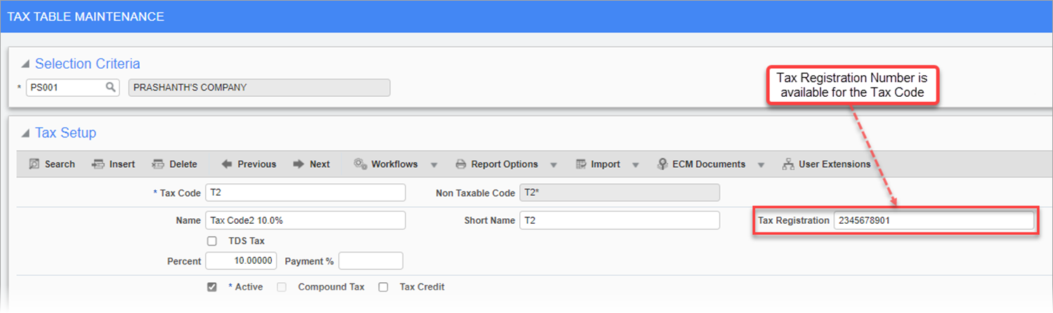 Sample of the tax registration number set on the Tax Table Maintenance screen