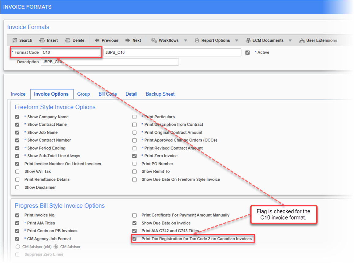 Sample of the Print Tax Registration for Tax Code 2 on Canadian Invoices checkbox on the Invoice Formats screen