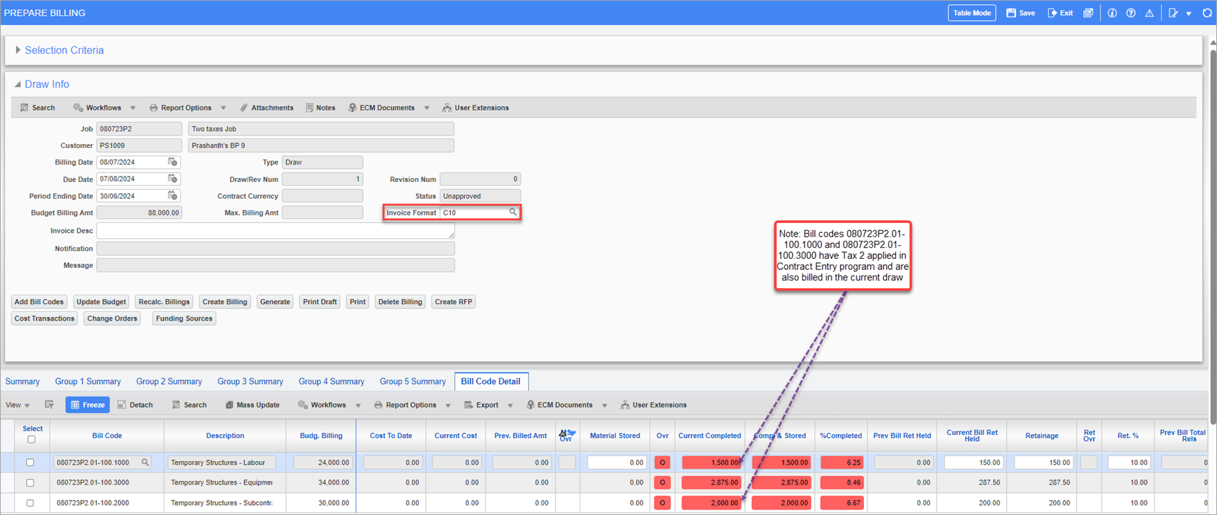 G/C Prepare Billing contract with Tax 2 code assigned to draw/revision