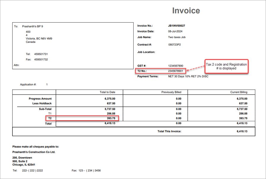 Invoice with Tax 2 code and Registration Number - Sample 1