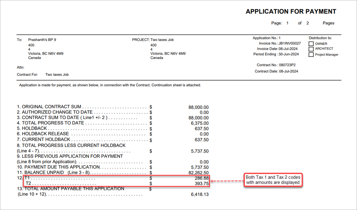 Invoice with Tax 1 and Tax 2 codes and their amounts