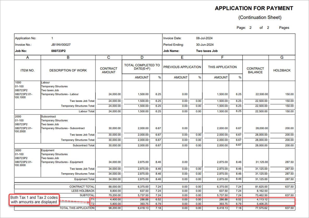 Invoice with Tax 1 and Tax 2 codes and their amounts