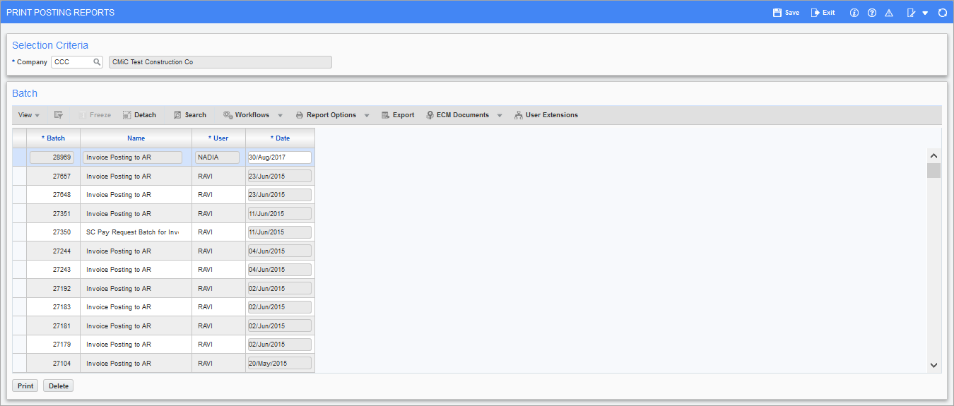 Sample of the Print Posting Reports screen