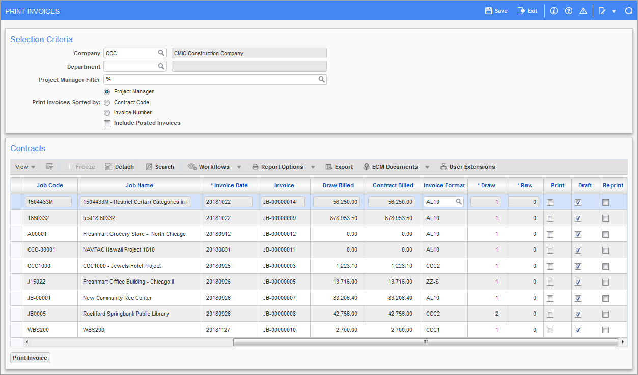 Sample of the Print Invoices screen