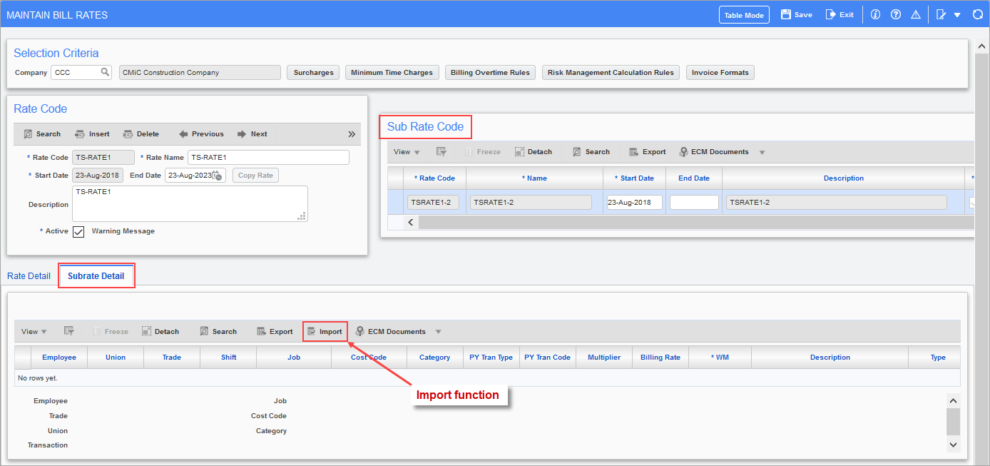 Sample of the [Import] button on the Subrate Detail tab of the Maintain Bill Rates screen