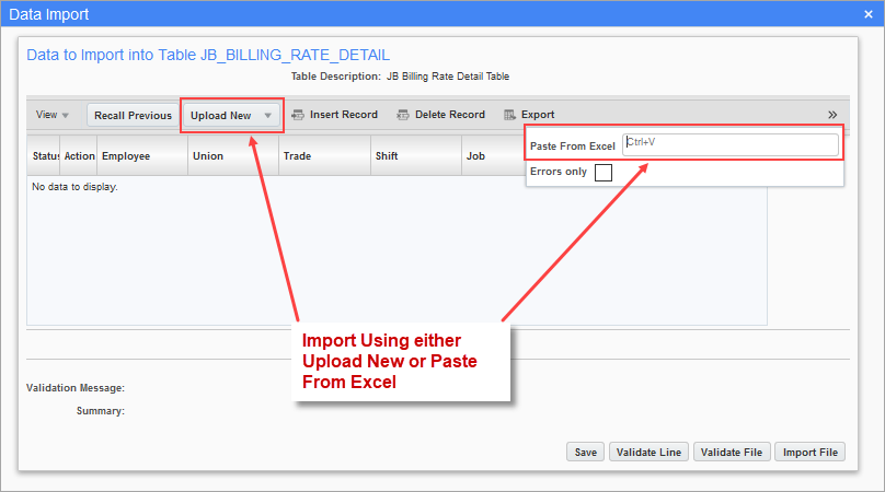Sample of the Data Import pop-up window