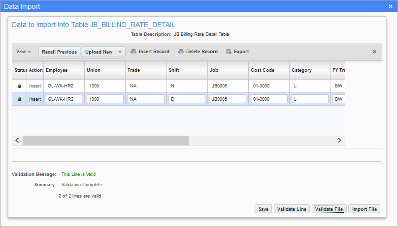 Sample of the Data Import pop-up window