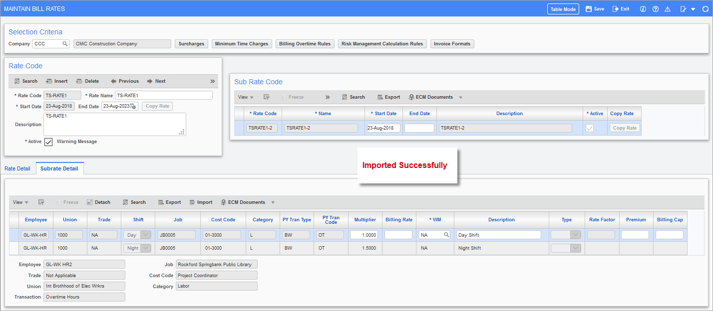 Sample of a successful import on the Maintain Bill Rates screen